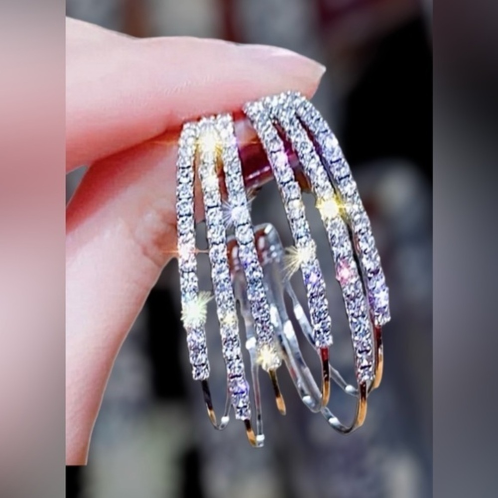 NEW 925 Silver Diamond Triple Layer Hoops